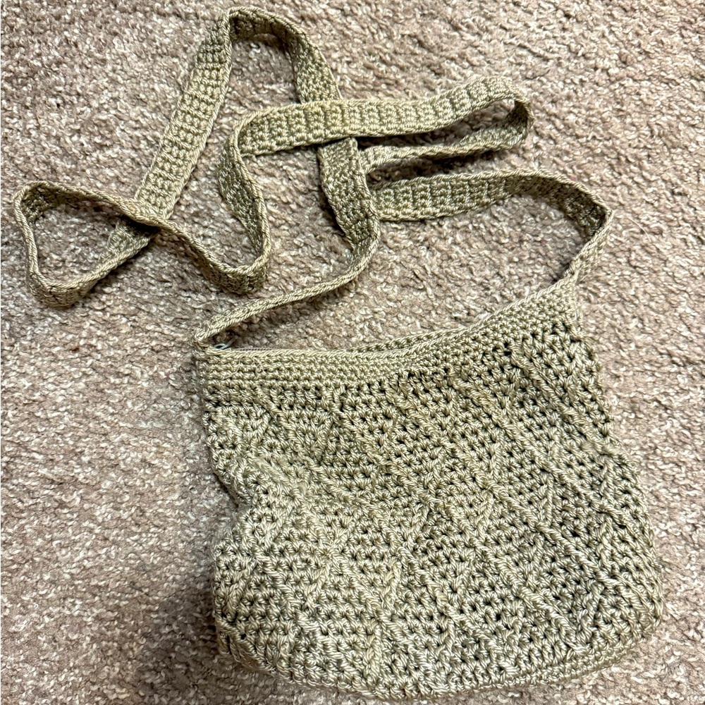 Chateau Vintage Beige Woven Crochet Crossbody Zipper Purse Bag